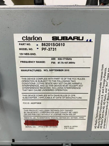 Estereo Pantalla (bloqueado) Subaru Forester 2014-2018 2.5 Negro